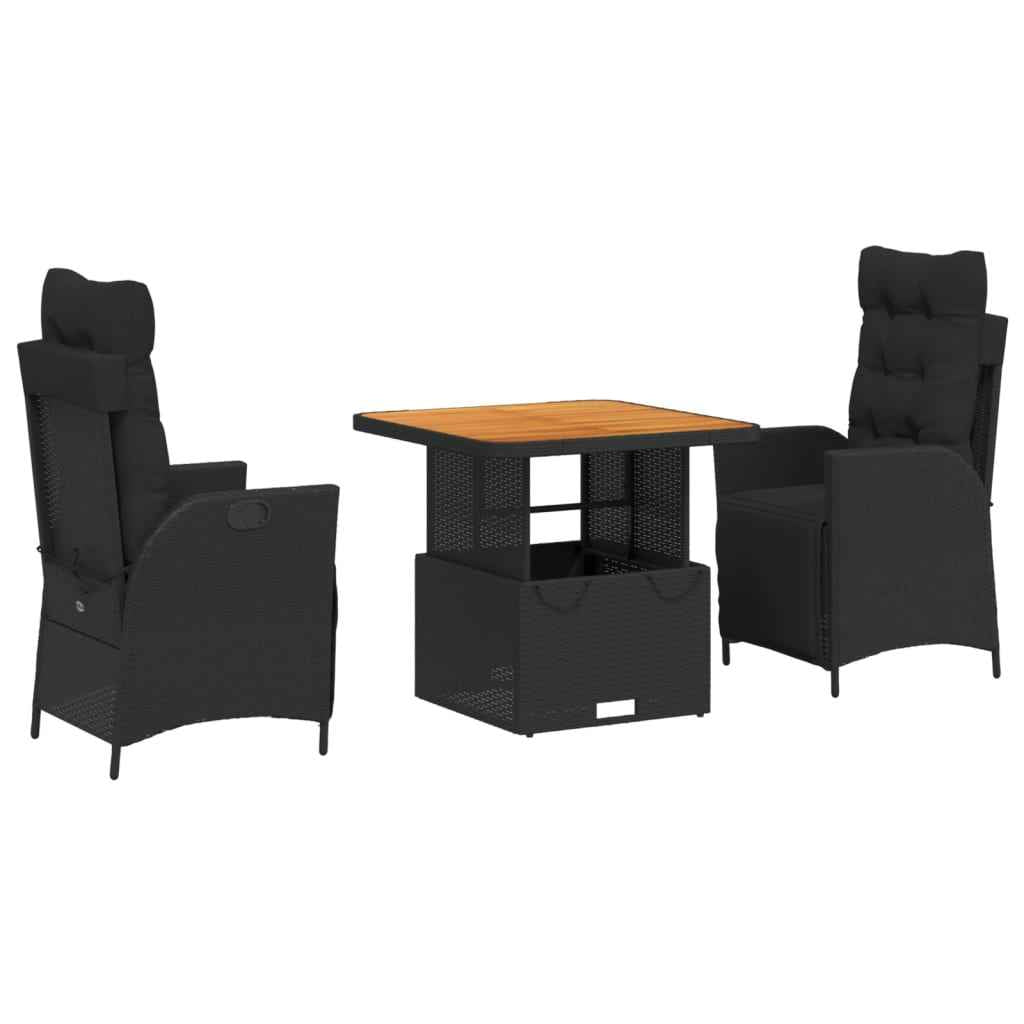 Set mobilier de grădină cu perne, 3 piese, negru, poliratan