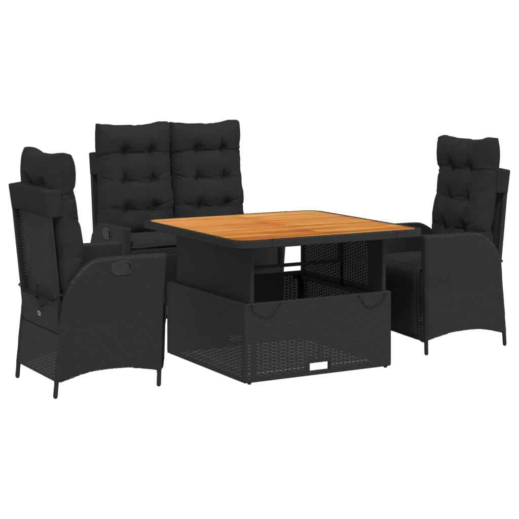 Set mobilier de grădină cu perne, 4 piese, negru, poliratan