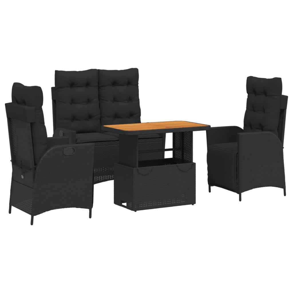 Set mobilier de grădină cu perne, 4 piese, negru, poliratan