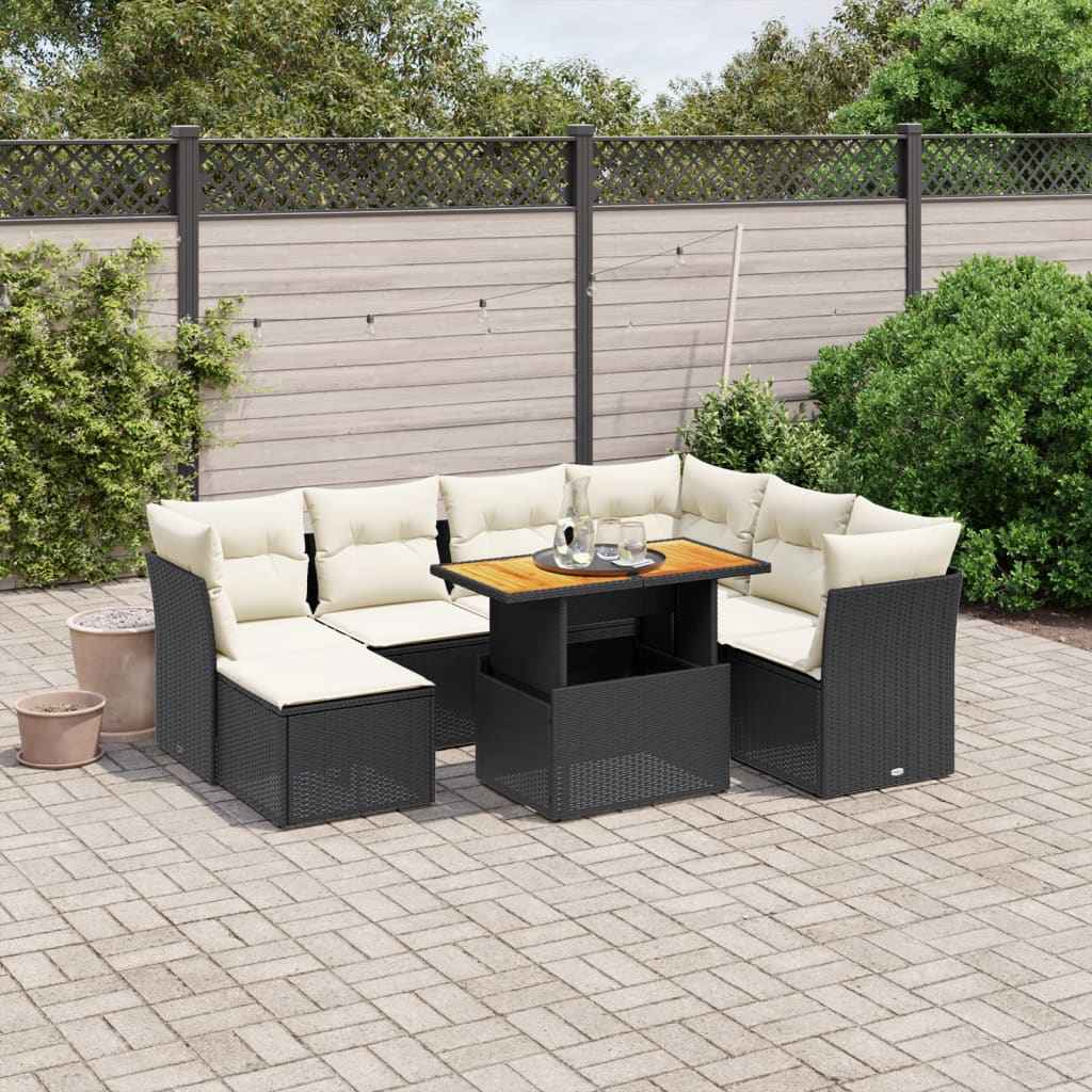Set mobilier de grădină cu perne, 8 piese, negru, poliratan