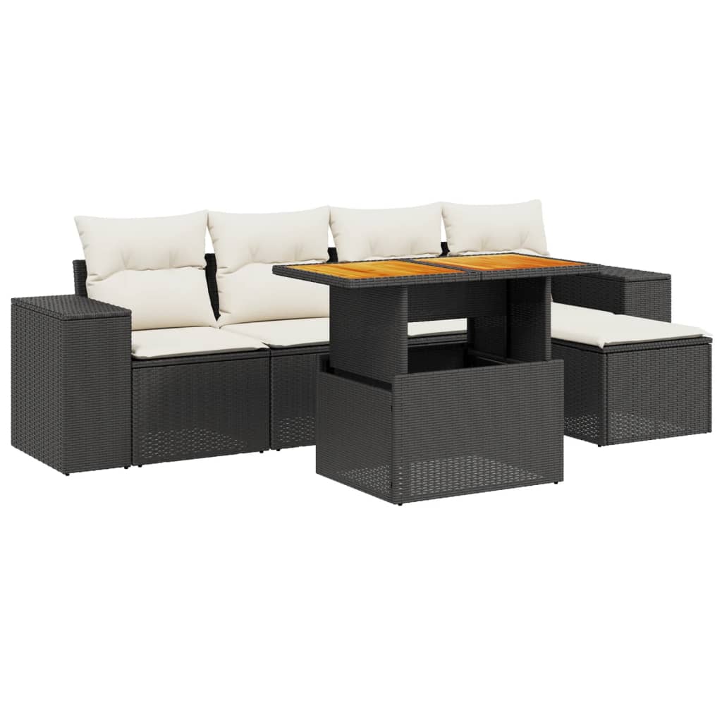 Set mobilier de grădină cu perne, 6 piese, negru, poliratan
