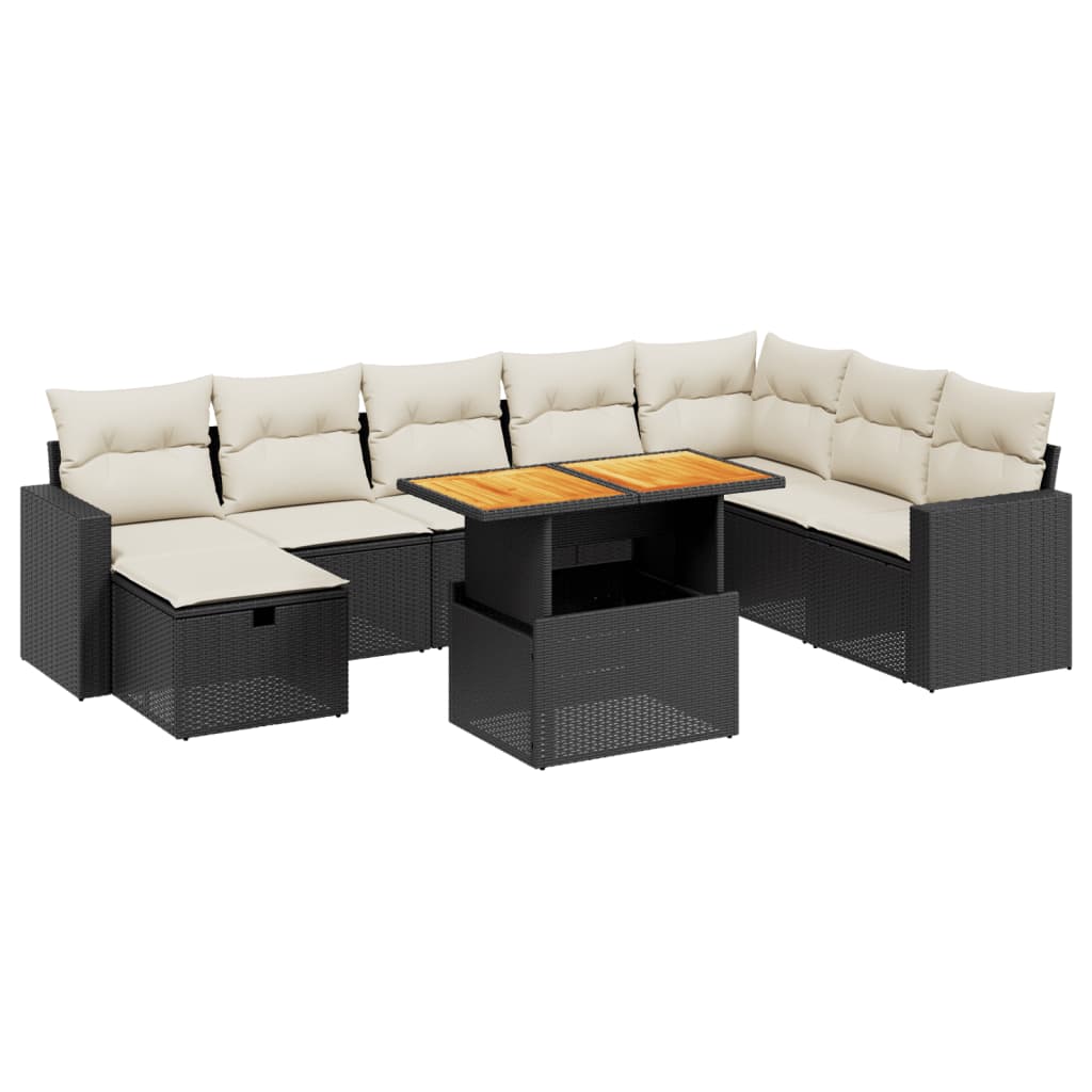 Set mobilier de grădină cu perne, 9 piese, negru, poliratan