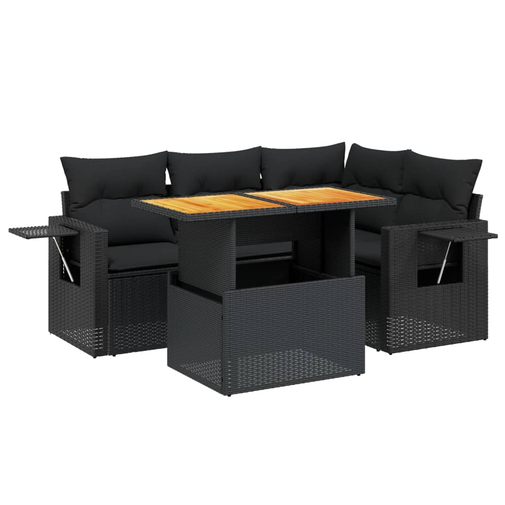 Set mobilier de grădină cu perne, 5 piese, negru, poliratan