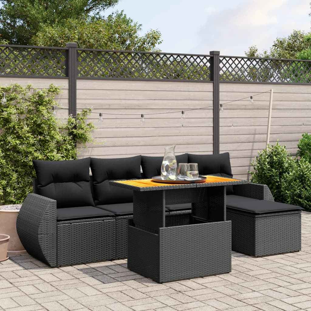 Set mobilier de grădină cu perne, 6 piese, negru, poliratan