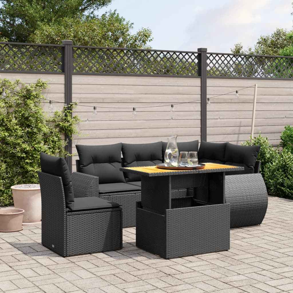 Set mobilier de grădină cu perne, 6 piese, negru, poliratan