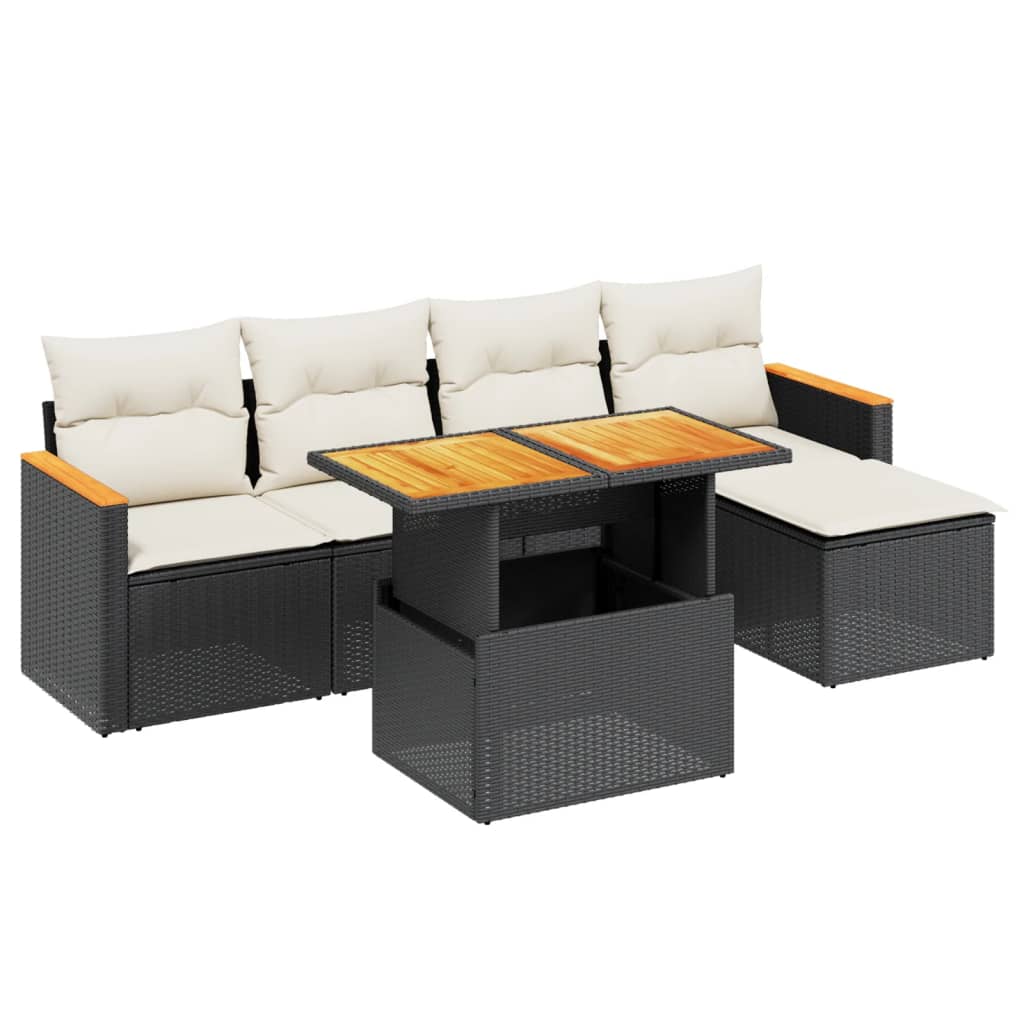 Set mobilier de grădină cu perne, 6 piese, negru, poliratan