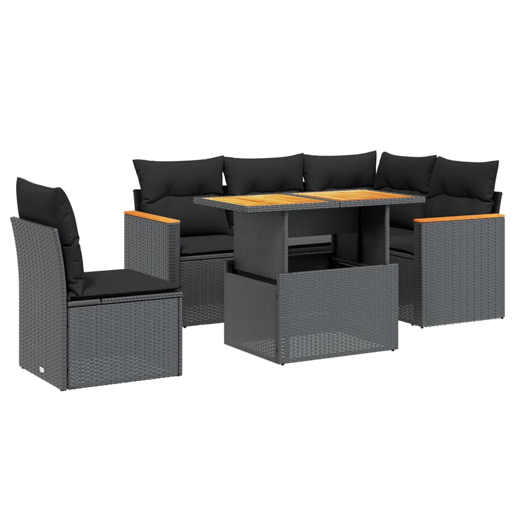 Set mobilier de grădină cu perne, 6 piese, negru, poliratan