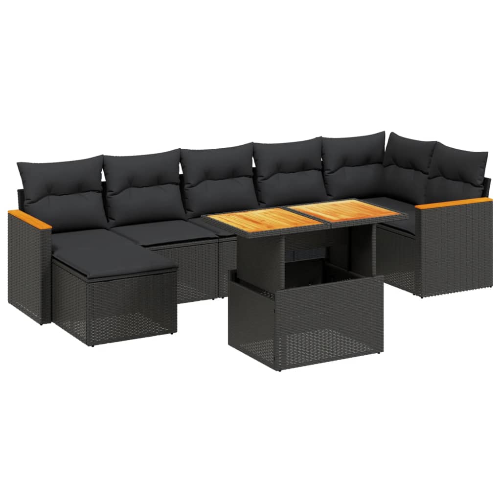 Set mobilier de grădină cu perne, 8 piese, negru, poliratan