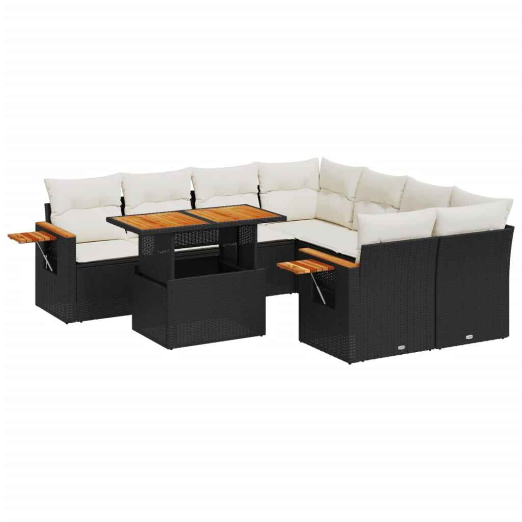 Set mobilier de grădină cu perne, 9 piese, negru, poliratan