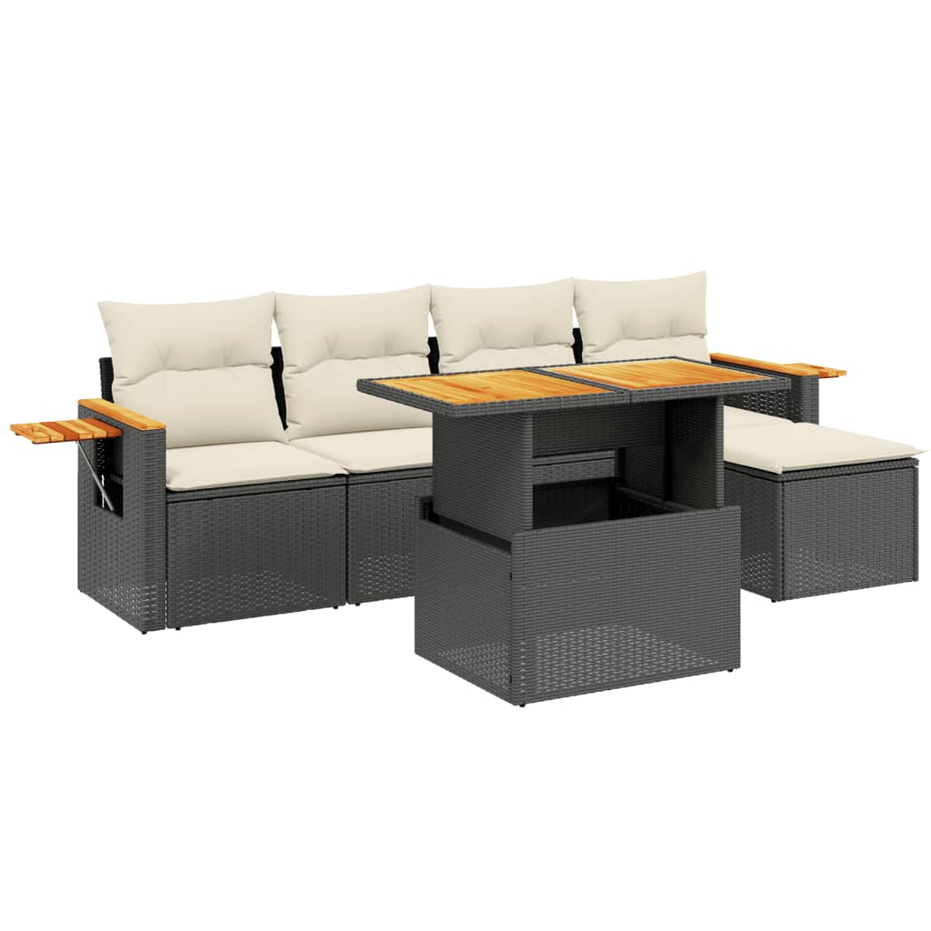 Set mobilier de grădină cu perne, 6 piese, negru, poliratan