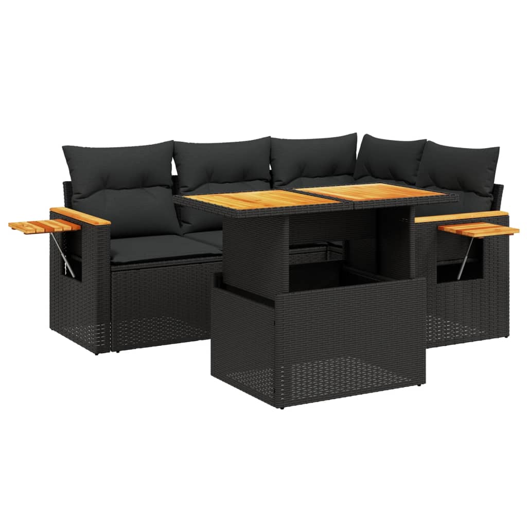 Set mobilier de grădină cu perne, 5 piese, negru, poliratan