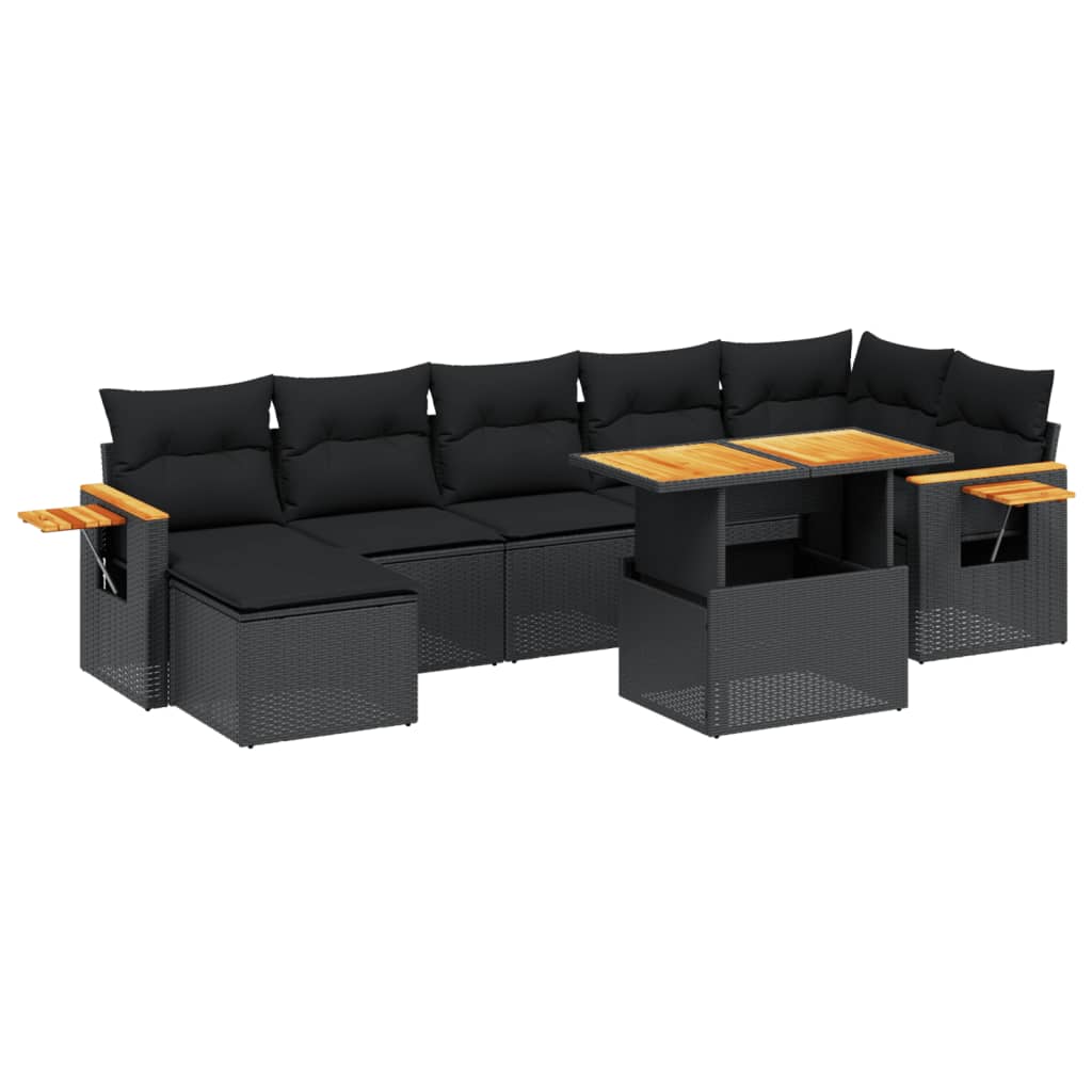 Set mobilier de grădină cu perne, 8 piese, negru, poliratan