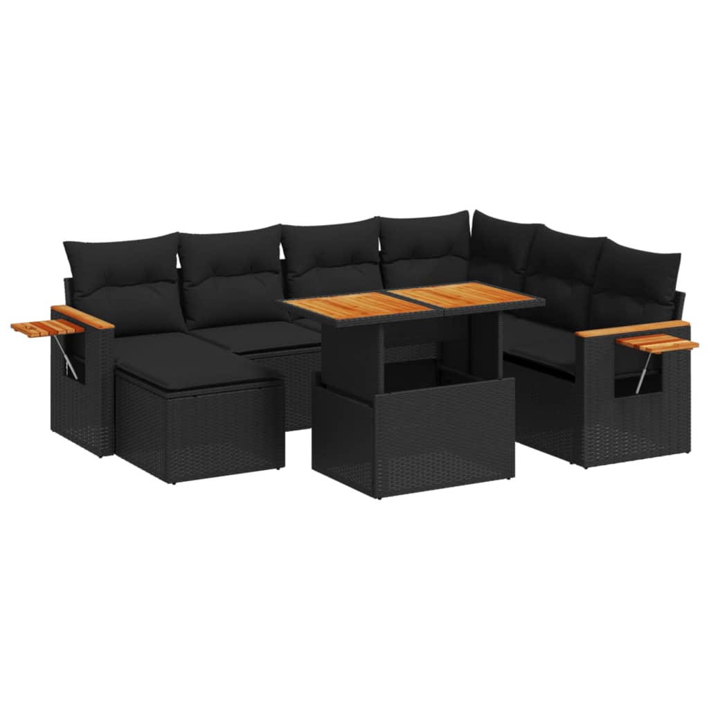 Set mobilier de grădină cu perne, 8 piese, negru, poliratan