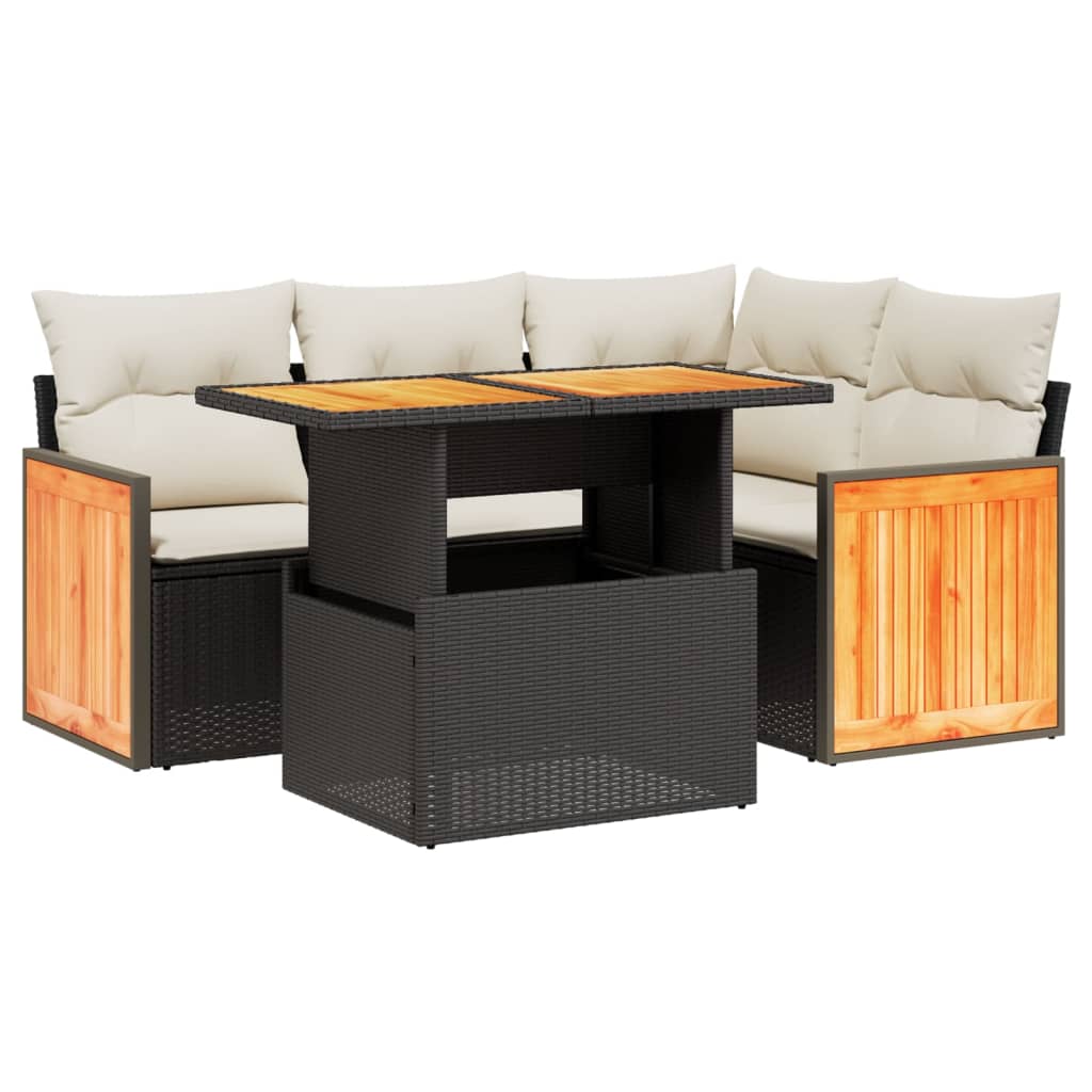 Set mobilier de grădină cu perne, 5 piese, negru, poliratan
