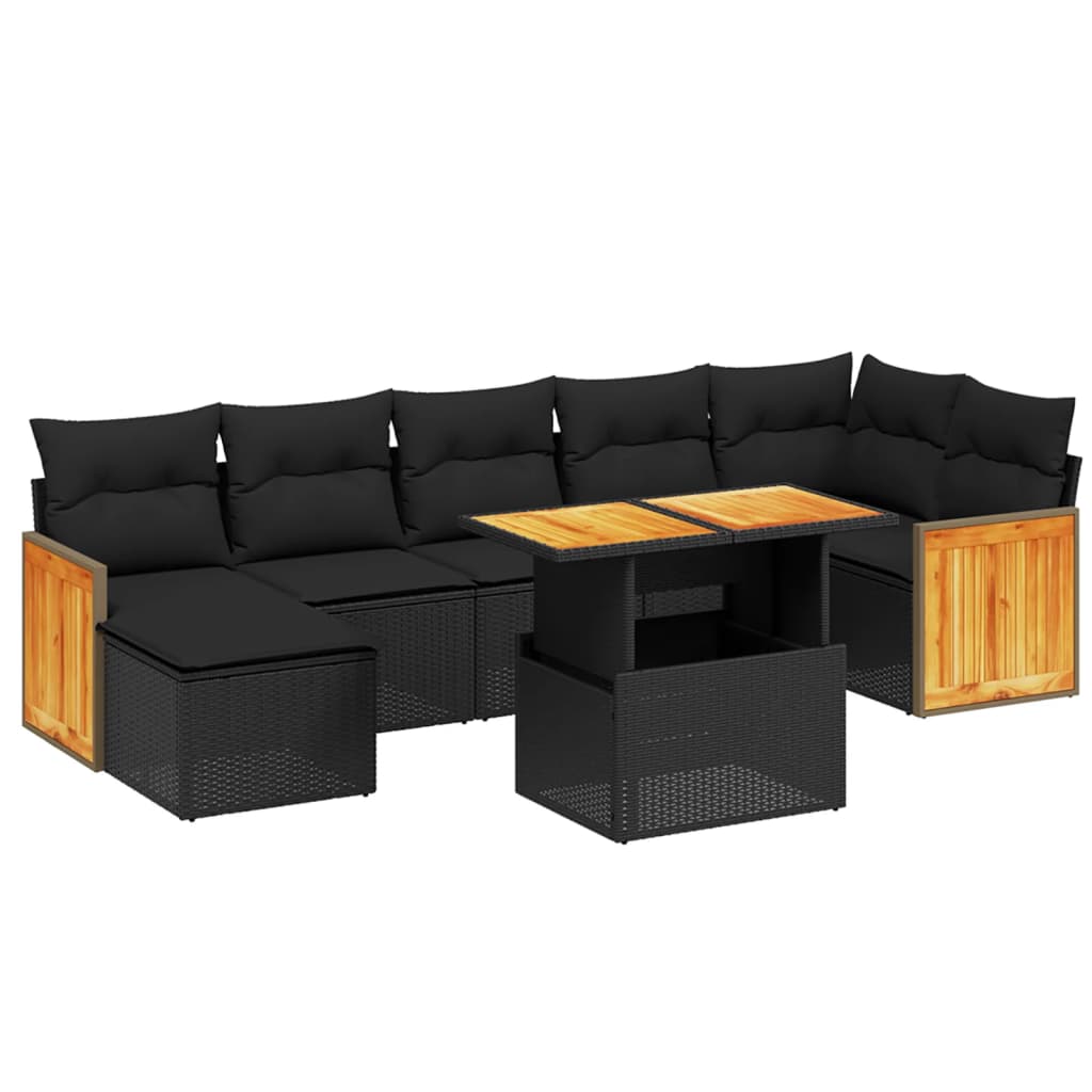 Set mobilier de grădină cu perne, 8 piese, negru, poliratan