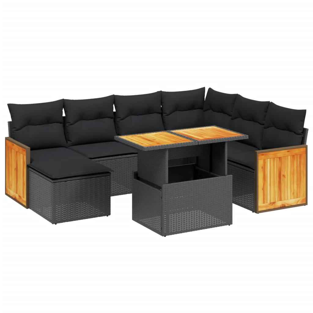 Set mobilier de grădină cu perne, 8 piese, negru, poliratan
