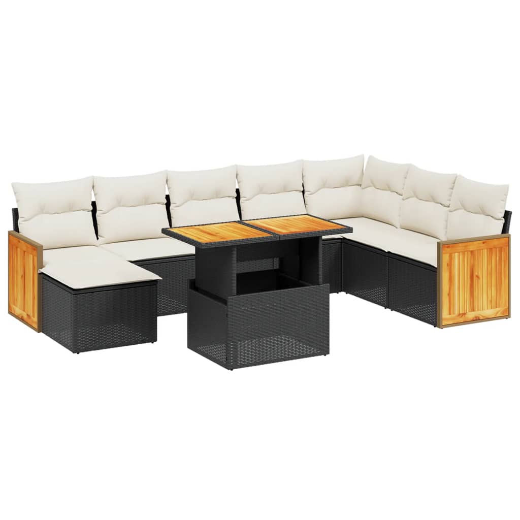 Set mobilier de grădină cu perne, 9 piese, negru, poliratan