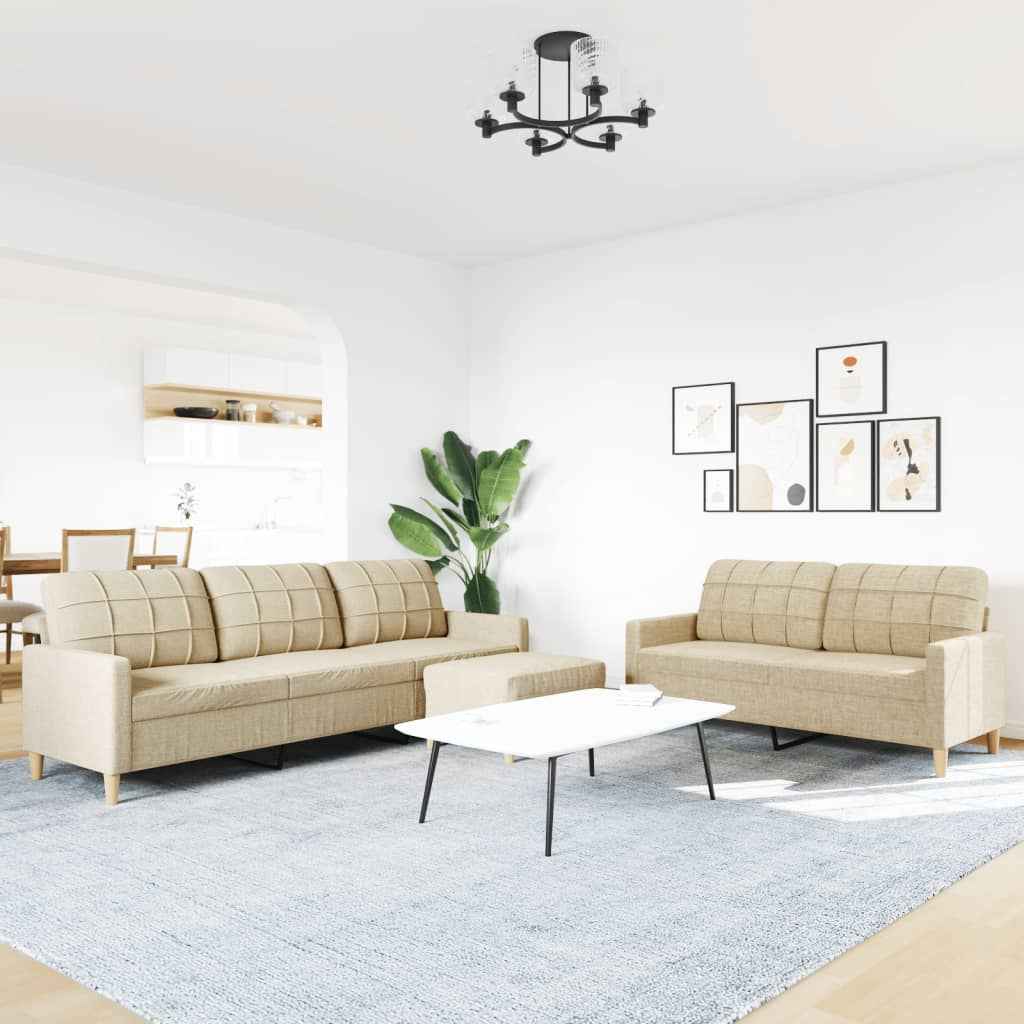 Set de canapele cu taburet, 3 piese, crem, textil