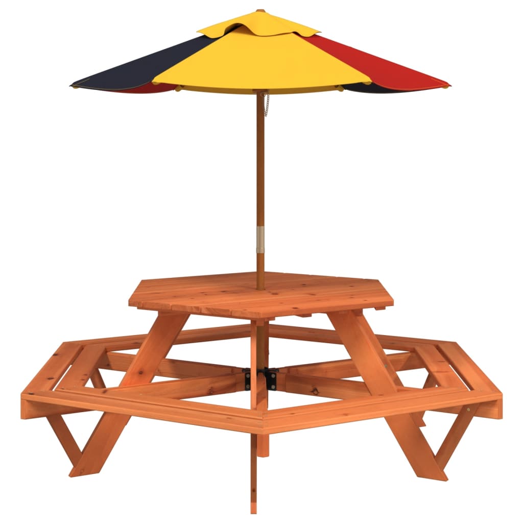 Masă picnic pentru 6 copii cu umbrelă, hexagon, lemn masiv brad