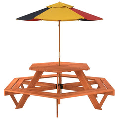 Masă picnic pentru 6 copii cu umbrelă, hexagon, lemn masiv brad