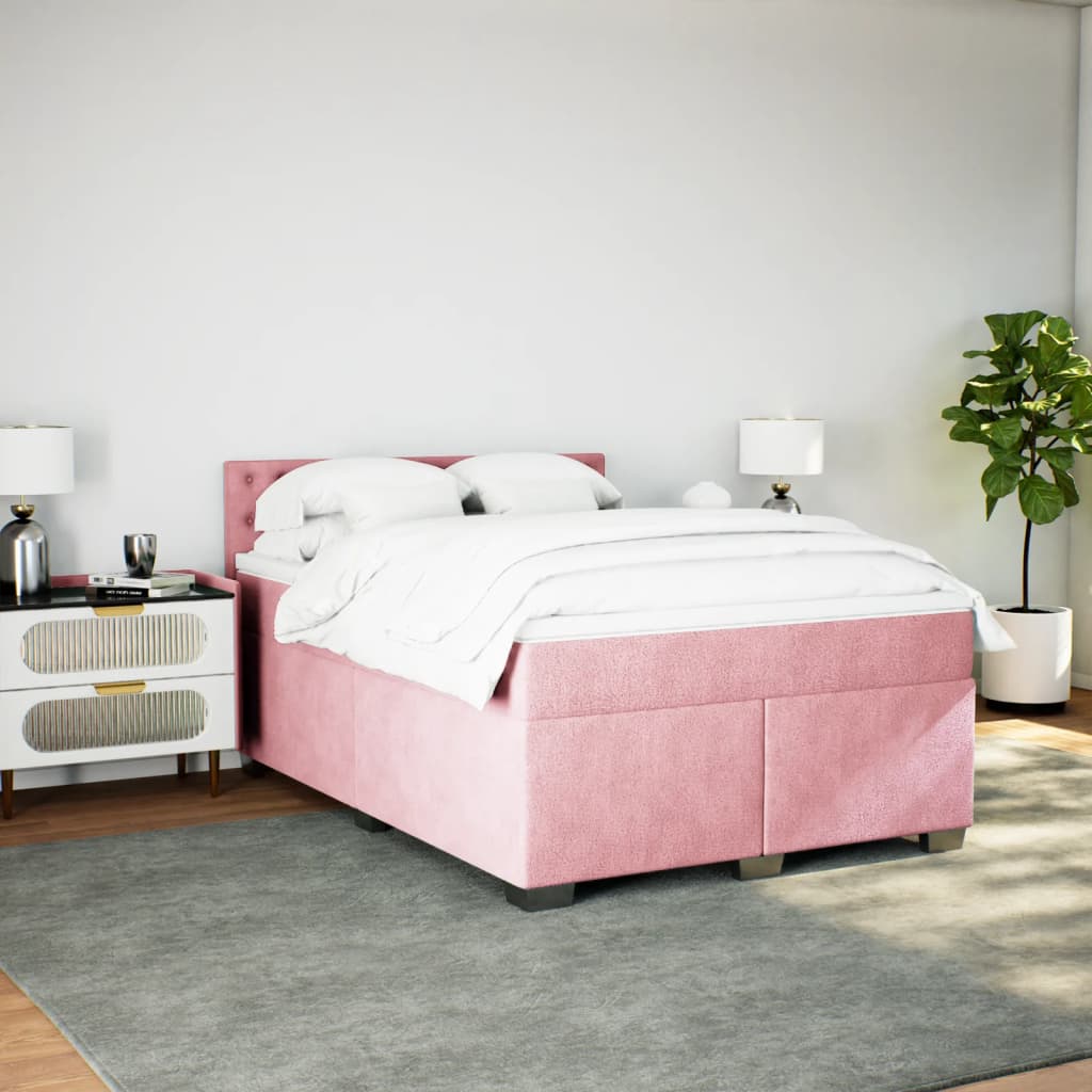 Pat box spring cu saltea, roz, 140x190 cm, catifea