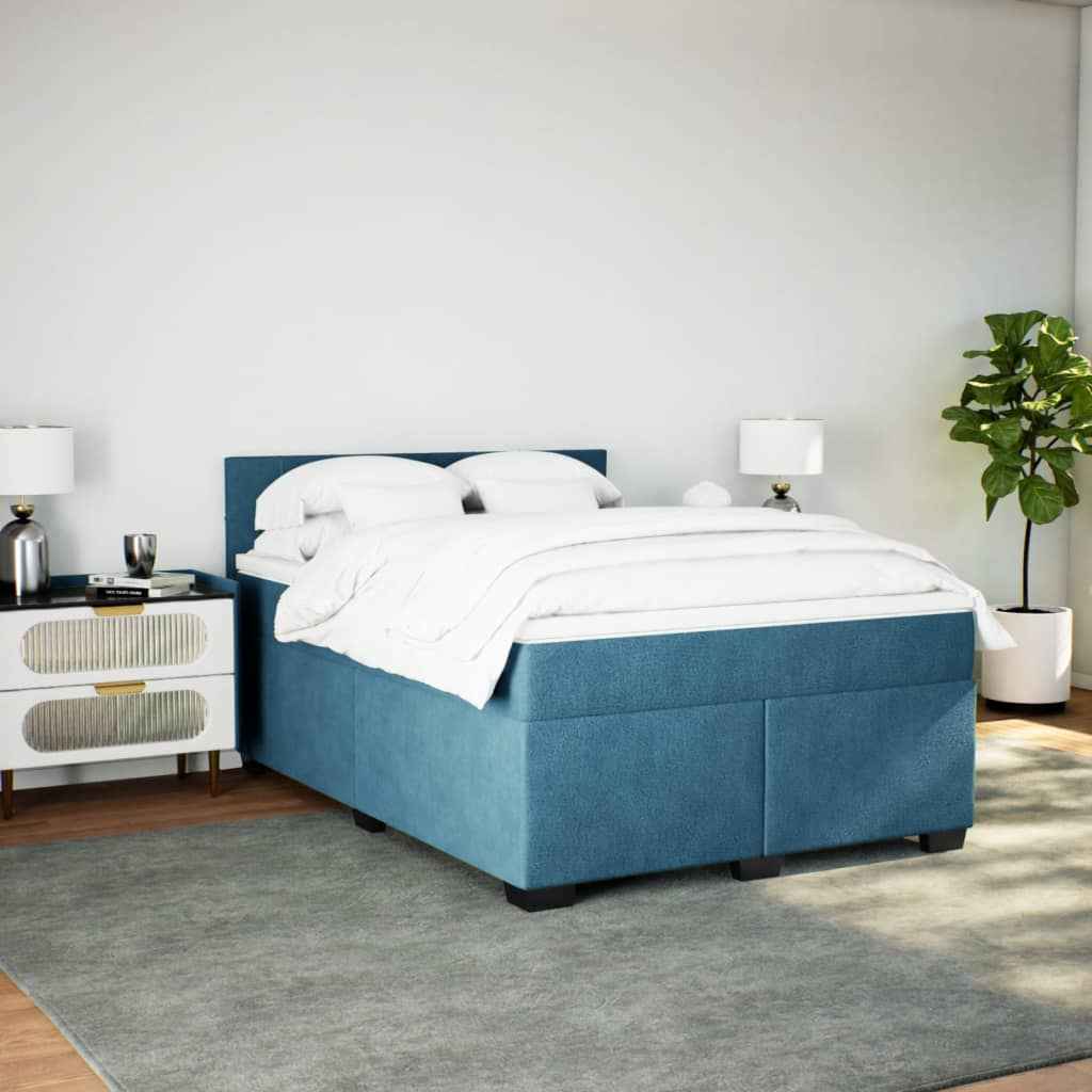 Pat box spring cu saltea, albastru, 140x200 cm, catifea