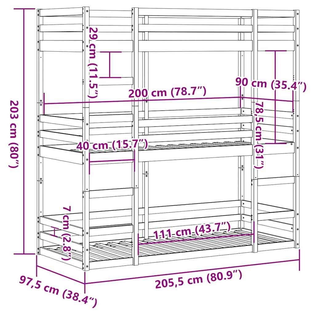 Pat supraetajat triplu, 90x200 cm, lemn masiv de pin