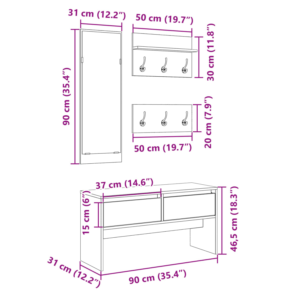 Set de mobilier pentru hol, 4 piese, alb, lemn prelucrat