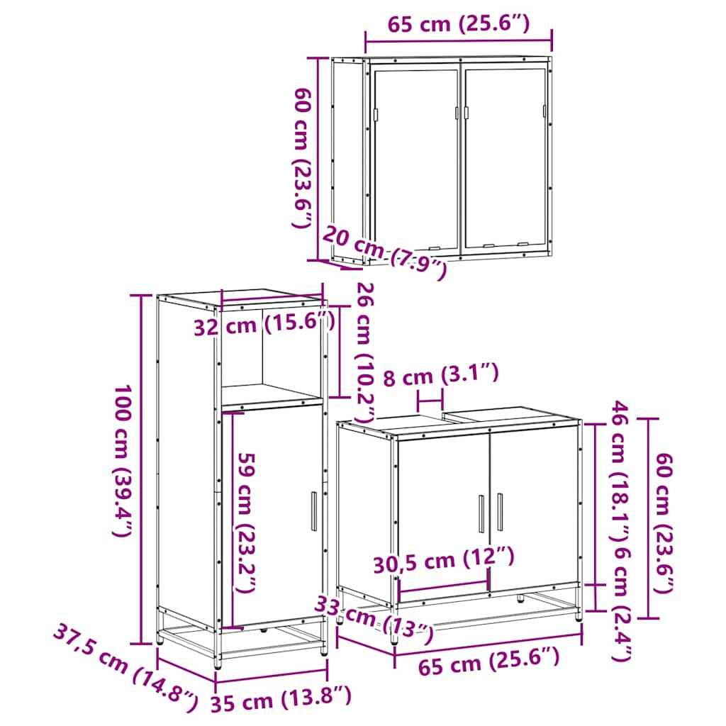 Set mobilier de baie, 3 piese, stejar maro, lemn prelucrat