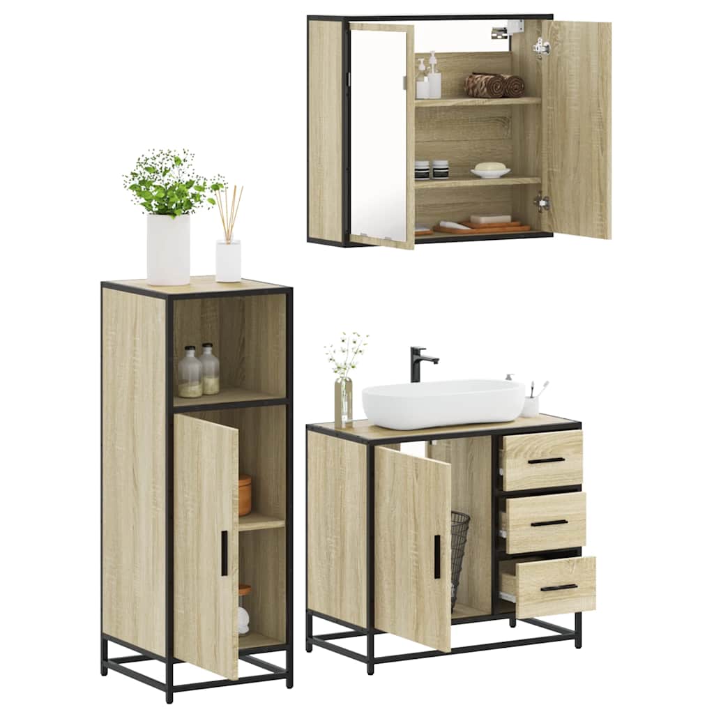 Set mobilier de baie, 3 piese, stejar sonoma, lemn prelucrat