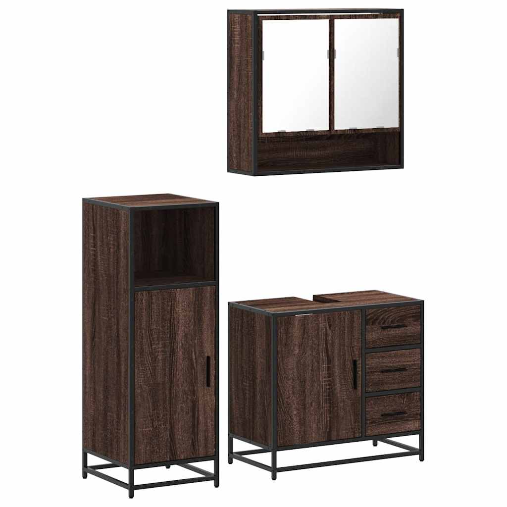 Set mobilier de baie, 3 piese, stejar maro, lemn prelucrat