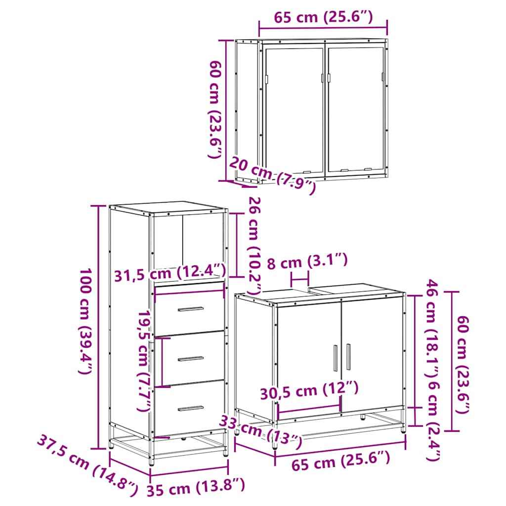 Set mobilier de baie, 3 piese, stejar sonoma, lemn prelucrat