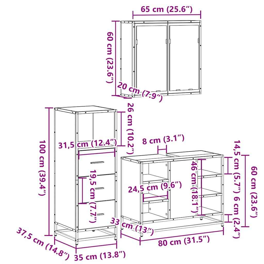 Set mobilier de baie, 3 piese, stejar sonoma, lemn prelucrat
