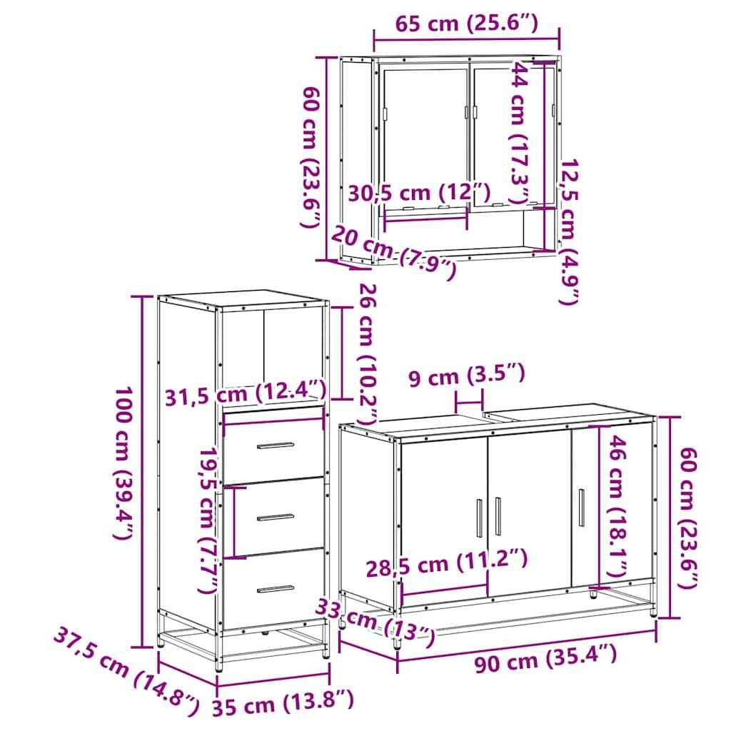 Set mobilier de baie, 3 piese, stejar sonoma, lemn prelucrat
