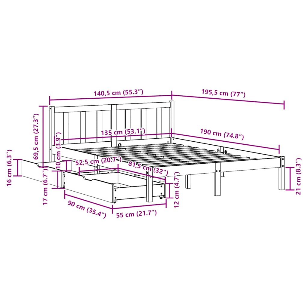 Cadru pat fără saltea, maro ceruit, 135x190 cm, lemn masiv pin