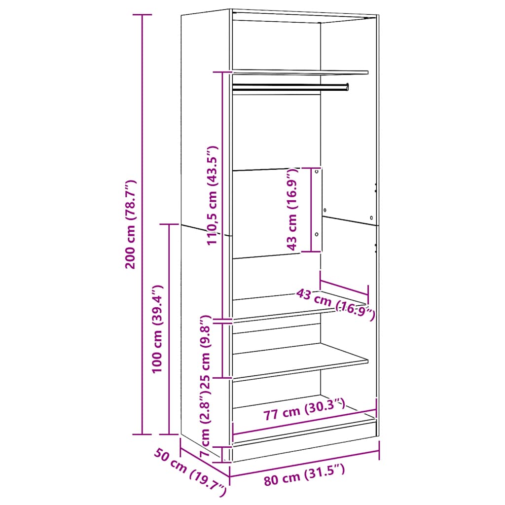 Șifonier, stejar artizanal, 80x50x200 cm, lemn prelucrat