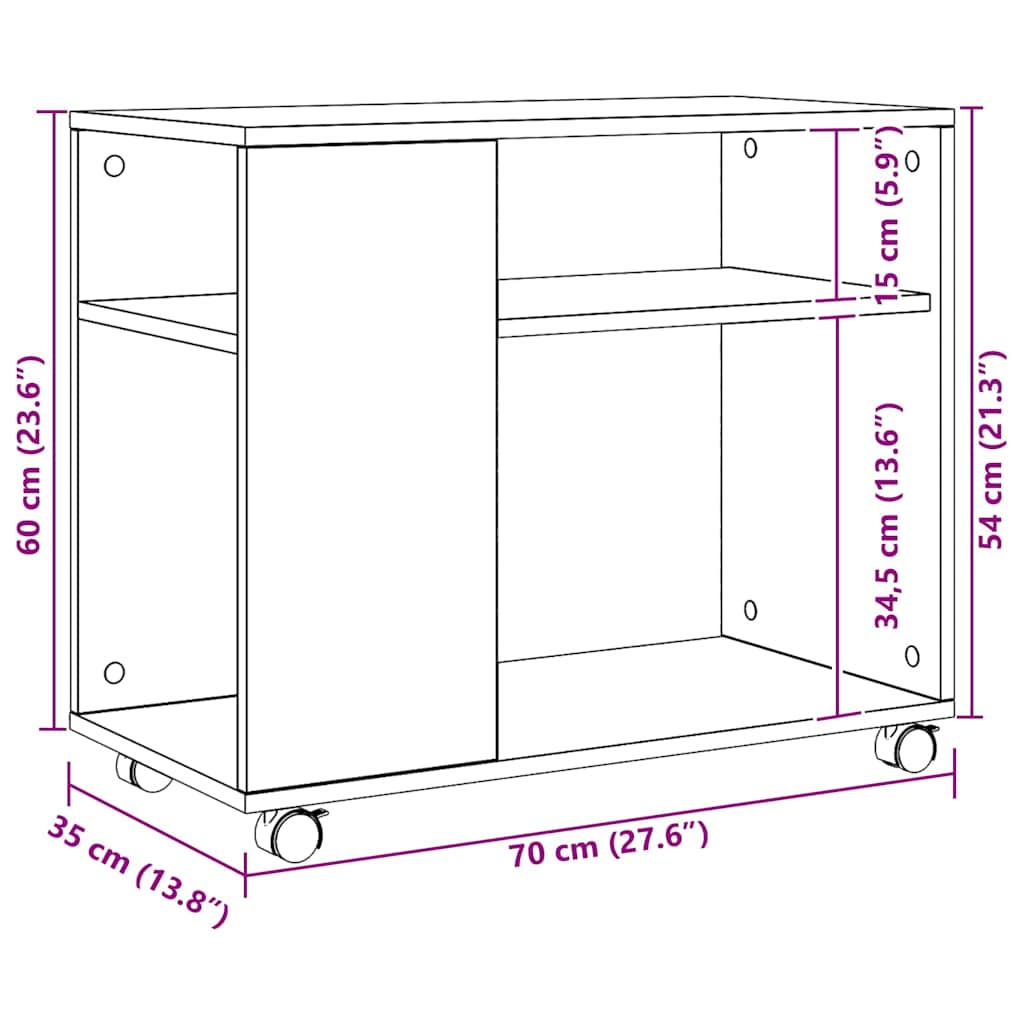 Masă laterală roți stejar artizanal 70x35x60 cm lemn prelucrat