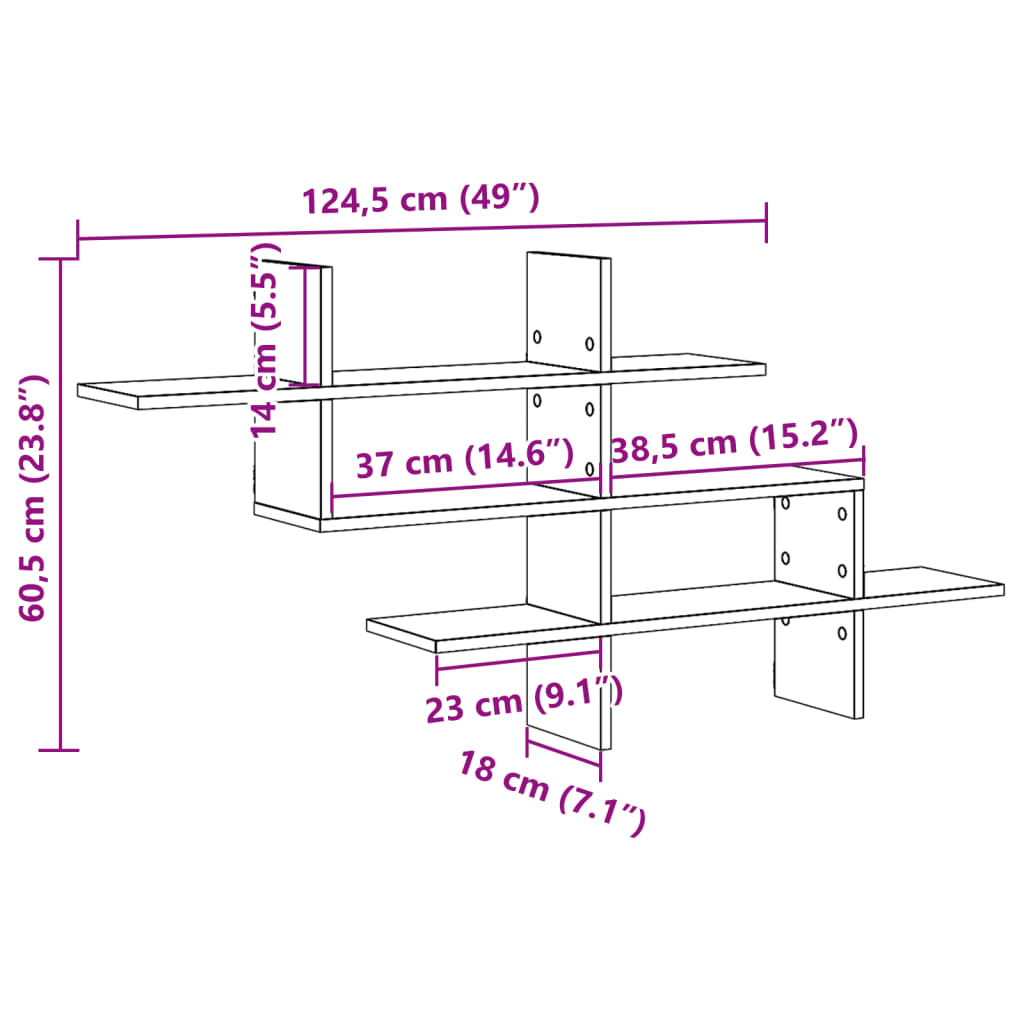 Raft perete, stejar fumuriu, 124,5x18x60,5 cm, lemn prelucrat