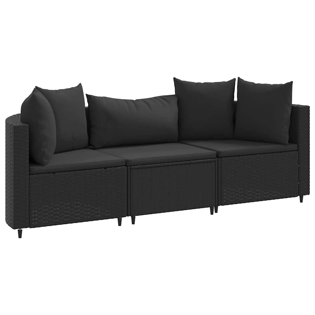 Set mobilier de grădină cu perne, 3 piese, negru, poliratan