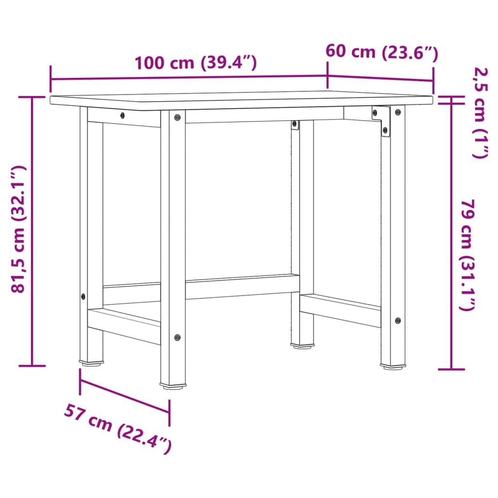 Banc de lucru 100x60x81,5 cm lemn masiv stejar, dreptunghiular