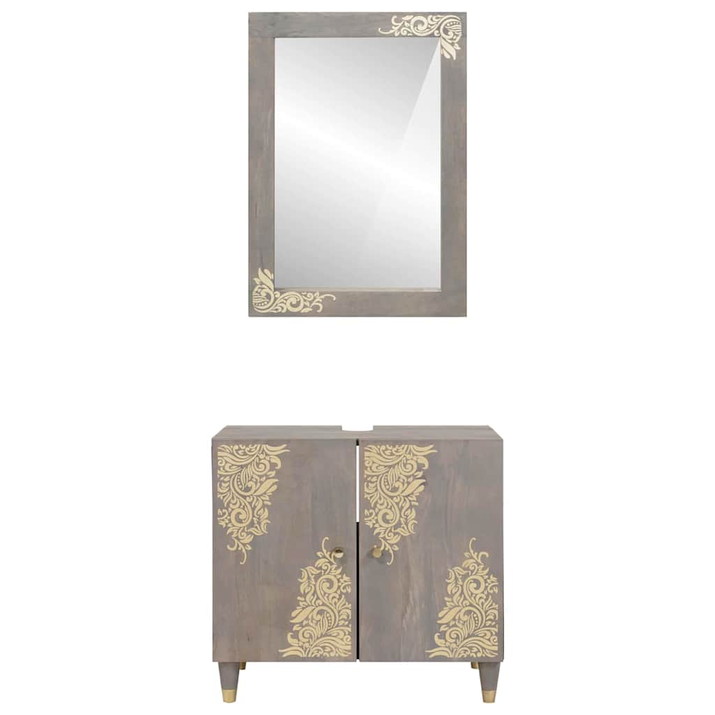 Set dulap baie Pe perete cu ușă 2 pcs Gri Lemn de mango solid