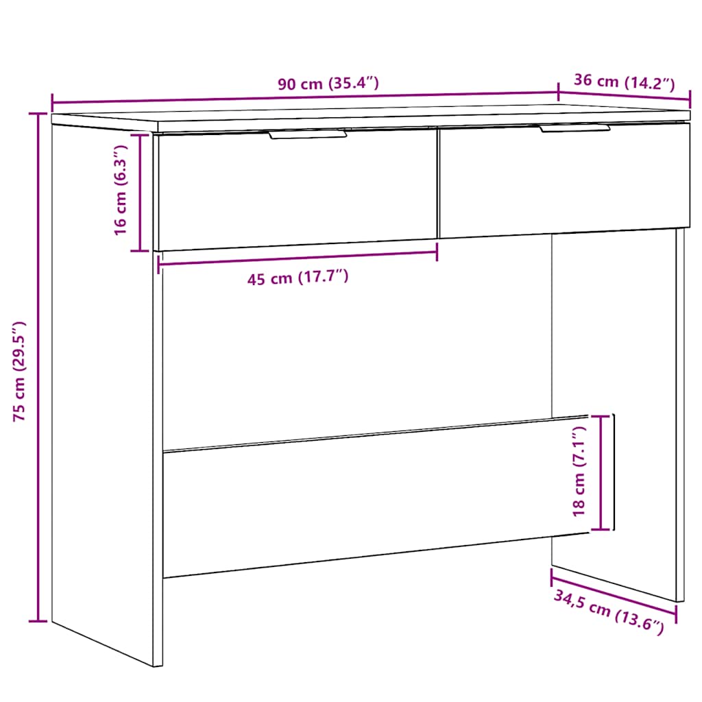 Măsuță consolă, stejar artizanal,90x36x75 cm, lemn prelucrat