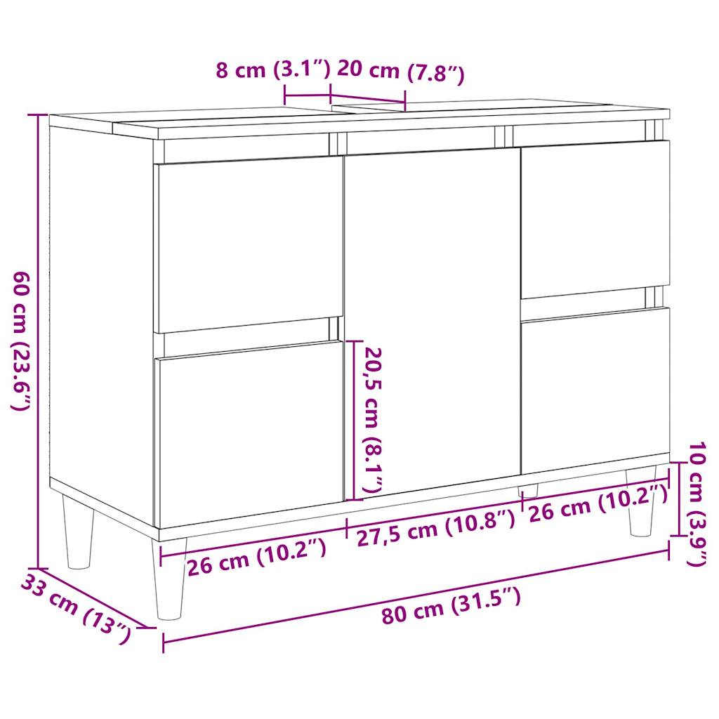 Dulap de chiuvetă stejar artizanal, 80x33x60 cm, lemn prelucrat