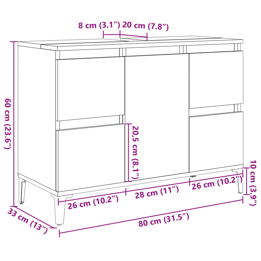 Dulap de chiuvetă stejar artizanal, 80x33x60 cm, lemn prelucrat