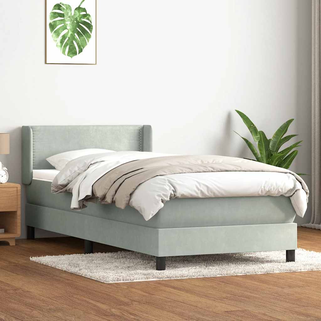 Pat box spring cu saltea, gri deschis, 90x210 cm, catifea