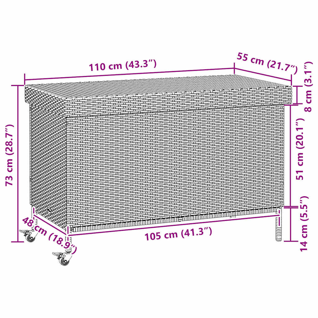 Ladă depozitare de grădină cu roți, gri 110x55x73 cm poliratan