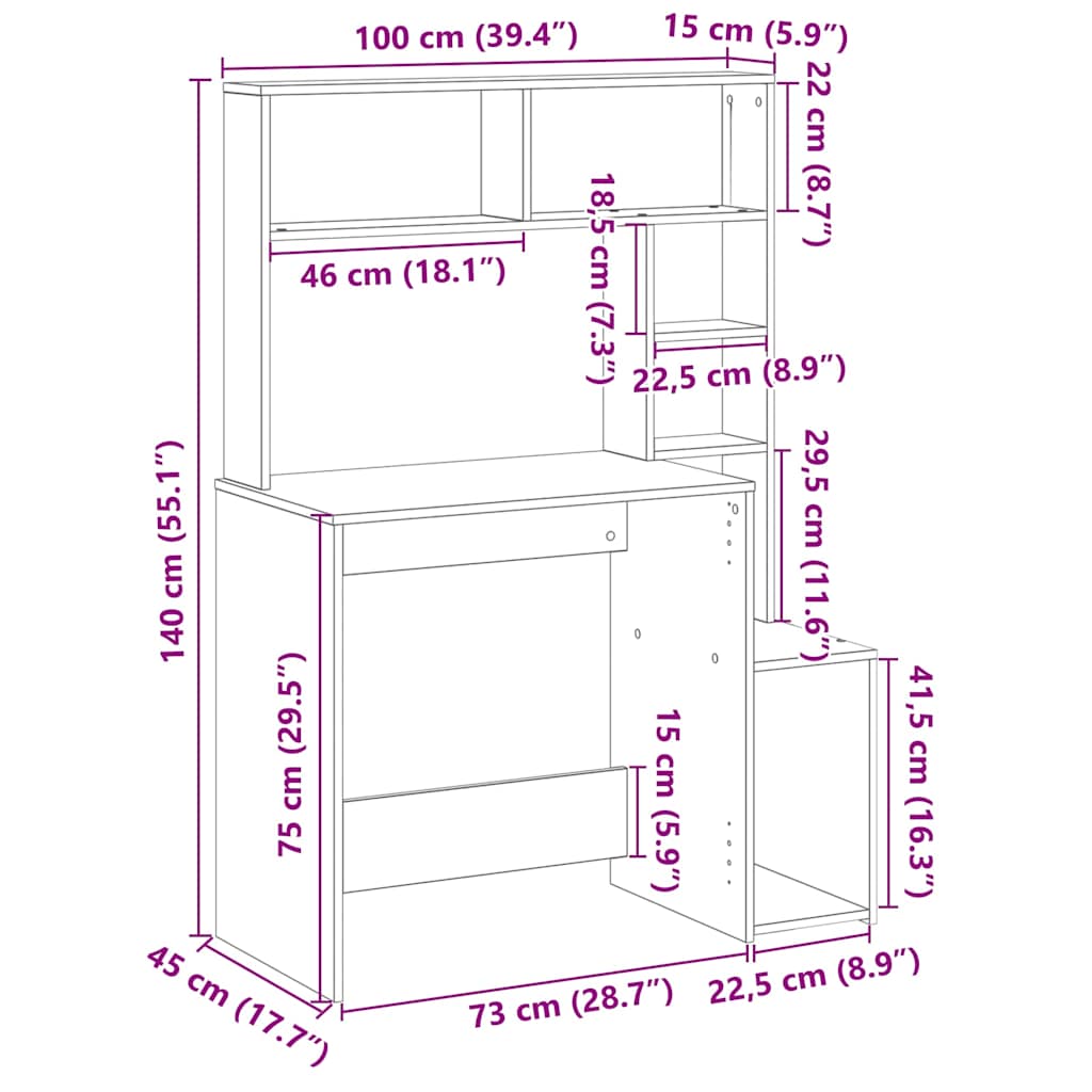 Birou cu rafturi, lemn vechi, 100x45x140 cm, lemn prelucrat