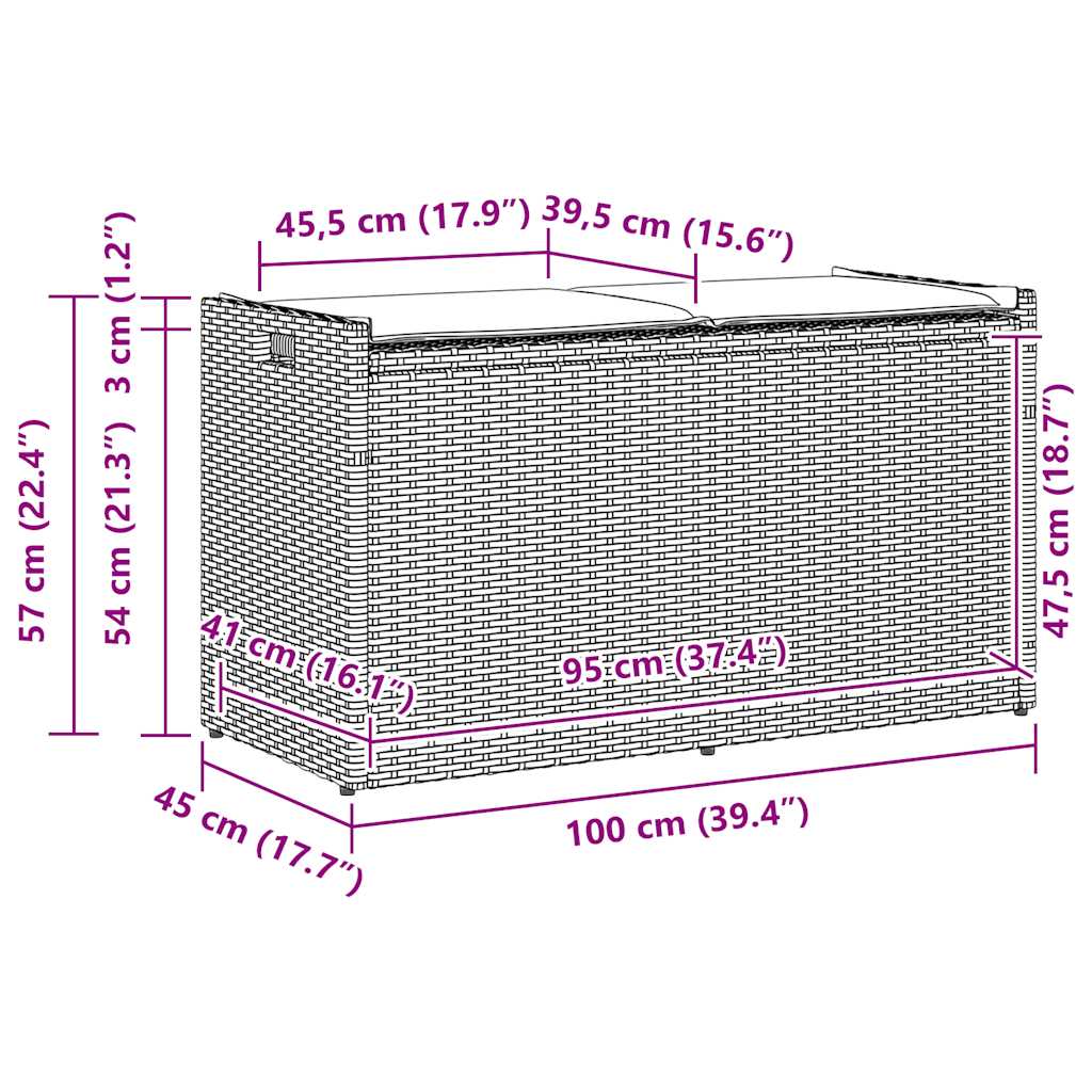 Bancă depozitare în aer liber cu pernă Neagră 100 cm Poly Ratan