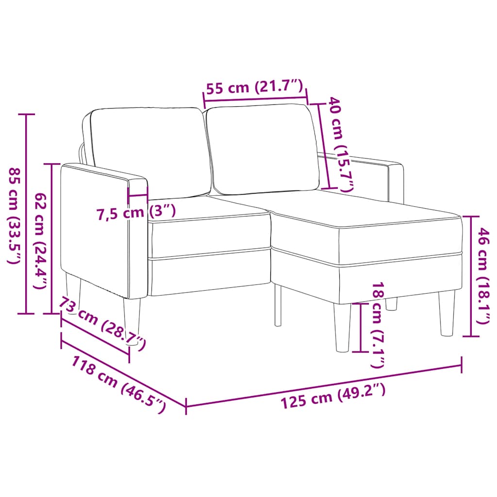 Canapea cu 2 locuri cu șezlong în formă de L albastru 125 cm in