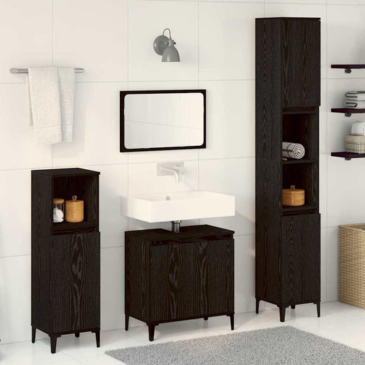 Set de mobilier pentru baie Pe perete cu ușă 3 pcs Stejar Negru